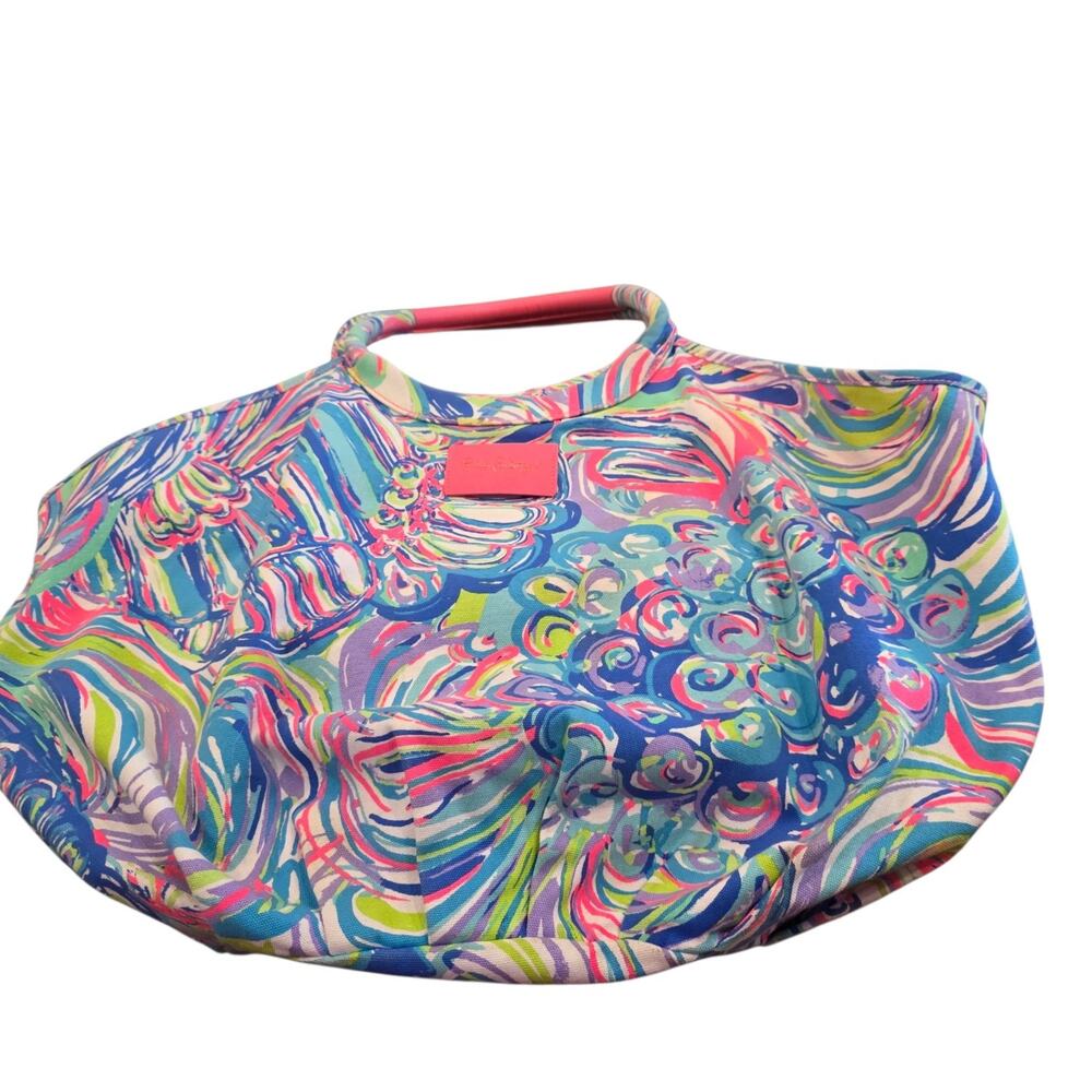 Lilly Pulitzer Large Canvas Tote Bag Multicolor Pink Blue Green Floral Beach...